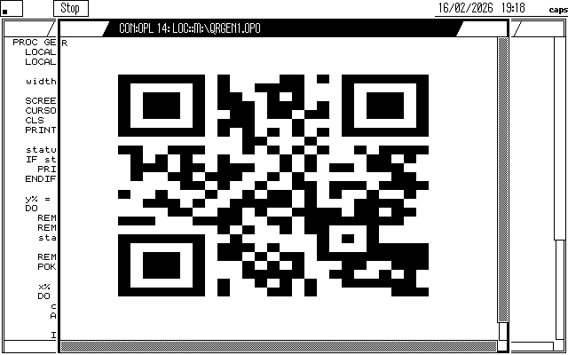 A QR code displayed on a vintage computer interface, with code and menu options visible on the screen.