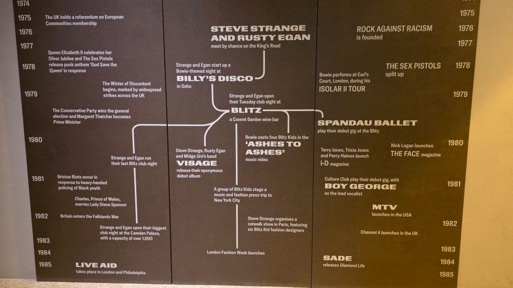 A timeline outlining significant events in British music and culture from 1974 to 1985, featuring notable figures like Steve Strange, Rusty Egan, and bands like Spandau Ballet and Visage.