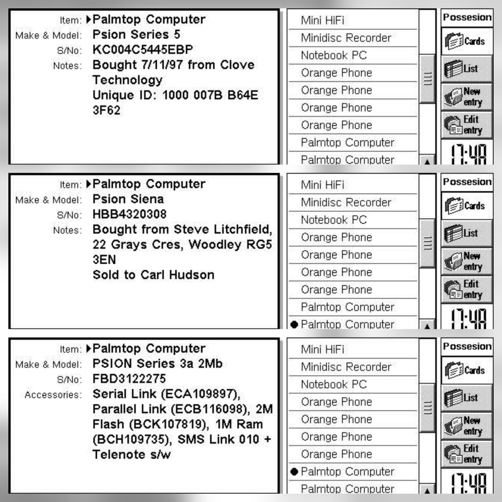 Document showing a list of palmtop computers with details including model names, serial numbers, purchase notes, and accessories.