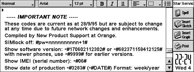 An informational note with codes for mobile phone functions, compiled by New Product Support at Orange. The note includes instructions for checking SIM lock status, software version, IMEI number, and production date. Dated 28/9/95.