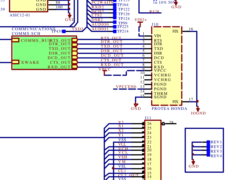 Circuit diagram showing various connections and components including COMMUNICATIONS module, XWAKE, and multiple input/output pins such as DTR, TXD, and RXD.