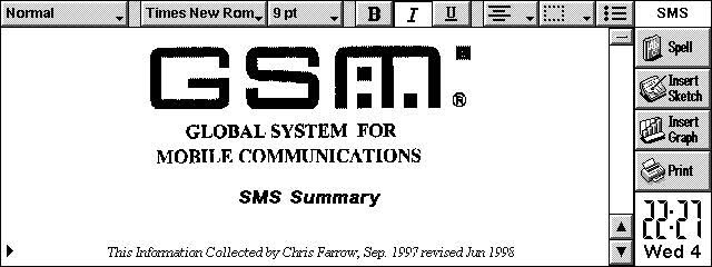 Title page for GSM (Global System for Mobile Communications) SMS Summary document, featuring the logo and information collected by Chris Farrow, dated September 1997, revised January 1998.
