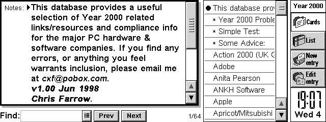 A vintage software database interface displaying information about Year 2000 compliance resources for major PC hardware and software companies. It includes navigation buttons and a notes section detailing updates from June 1998.
